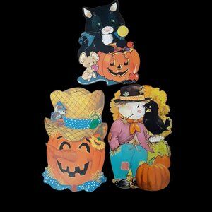 VTG Eureka Die Cut Halloween Lot Black Cat Jack O Lantern Pumpkin Scarecrow USA